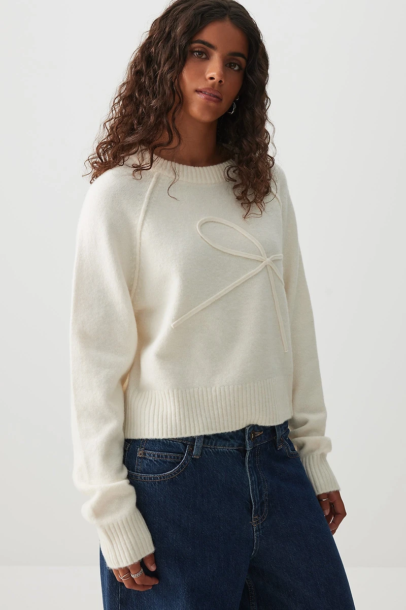 Ardene Raglan Sweater with Bow Detail in White | Size | Polyester/Spandex