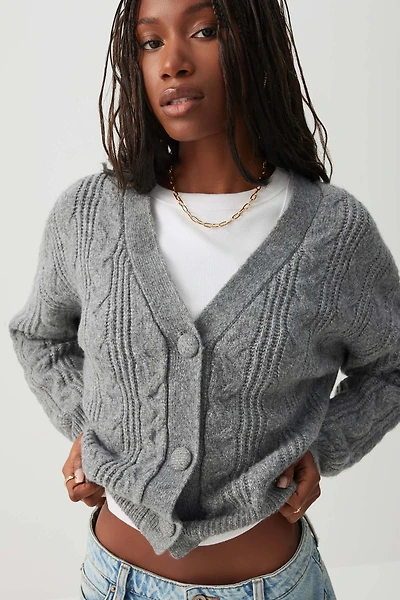 Ardene Cable Knit V-Neck Cardigan in Dark Grey | Size | Polyester | Eco-Conscious