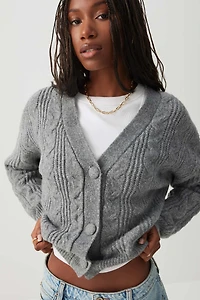 Ardene Cable Knit V-Neck Cardigan in Dark Grey | Size | Polyester | Eco-Conscious