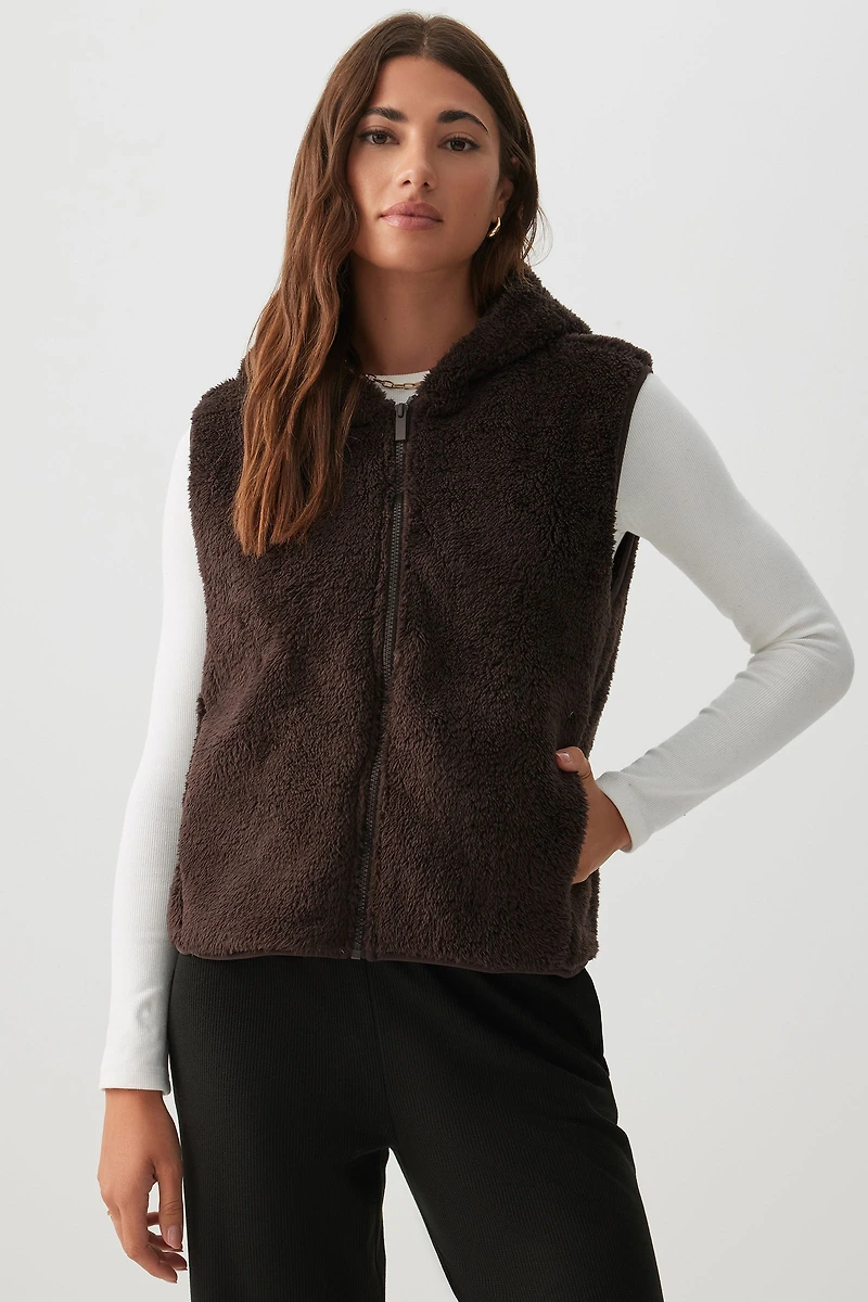 Ardene Hooded Sherpa Vest in Brown | Size | Polyester