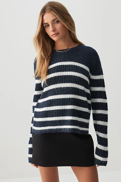 Ardene Striped Crew Neck Sweater in Dark Blue | Size Small | Polyester