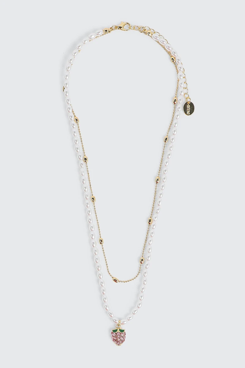 Ardene 2-Row Pearl & Chain Strawberry Necklace in Gold