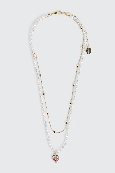 Ardene 2-Row Pearl & Chain Strawberry Necklace in Gold