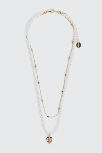 Ardene 2-Row Pearl & Chain Strawberry Necklace in Gold