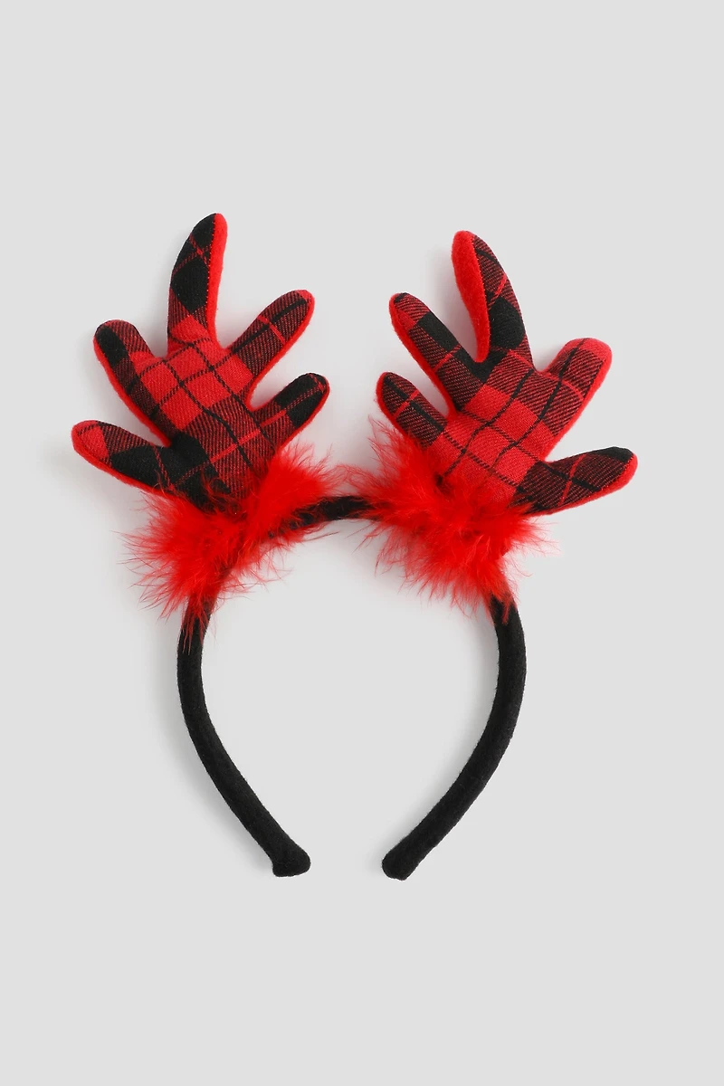 Ardene Plaid Reindeer Headband in Black
