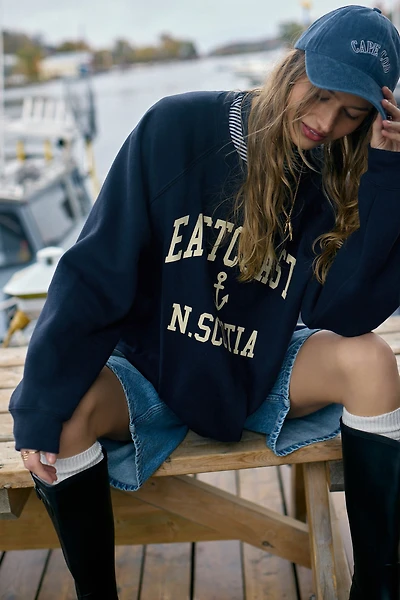 Ardene Printed Raglan Crew Neck Sweatshirt in Dark Blue | Size | Polyester/Cotton | Fleece-Lined