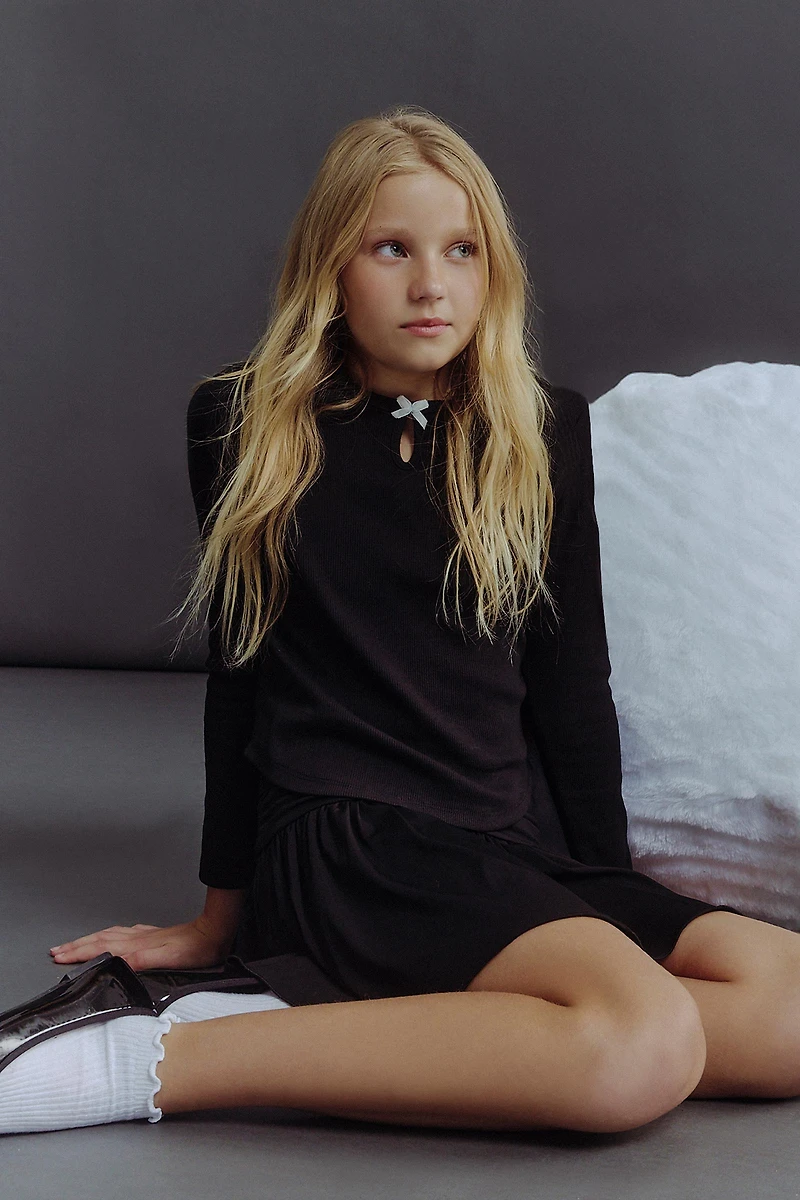 Ardene Kids Pointelle Long Sleeve Top with Bow Detail in | Size | Polyester/Cotton/Elastane