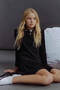 Ardene Kids Pointelle Long Sleeve Top with Bow Detail in | Size | Polyester/Cotton/Elastane