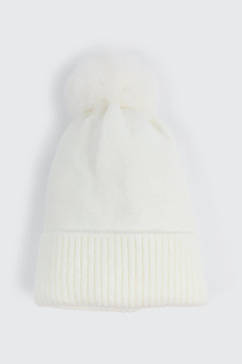Ardene Soft Beanie with Pompom in Off-White | Polyester