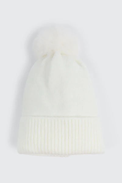 Ardene Soft Beanie with Pompom in Off-White | Polyester
