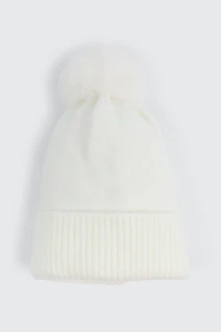 Ardene Soft Beanie with Pompom in Off-White | Polyester