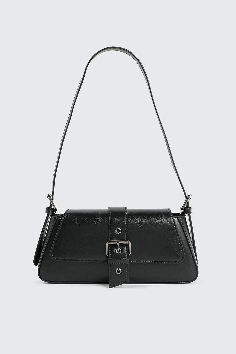 Ardene Shoulder Bag with Buckle in Black | Faux Leather/Polyester
