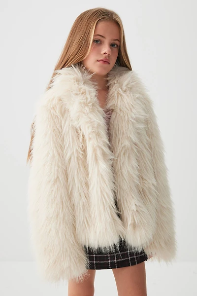 Ardene Kids Short Faux Fur Coat in Beige | Size Small | Polyester