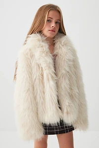 Ardene Kids Short Faux Fur Coat in Beige | Size Small | Polyester