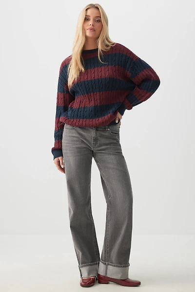 Ardene Striped Cable Knit Sweater in Burgundy | Size | Polyester/Nylon
