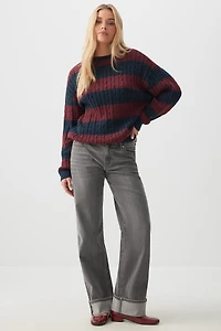 Ardene Striped Cable Knit Sweater in Burgundy | Size | Polyester/Nylon