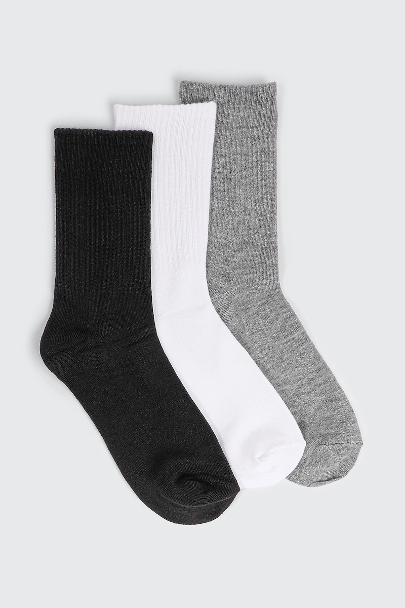 Ardene 3-Pack Ribbed Crew Socks in Grey | Polyester/Spandex