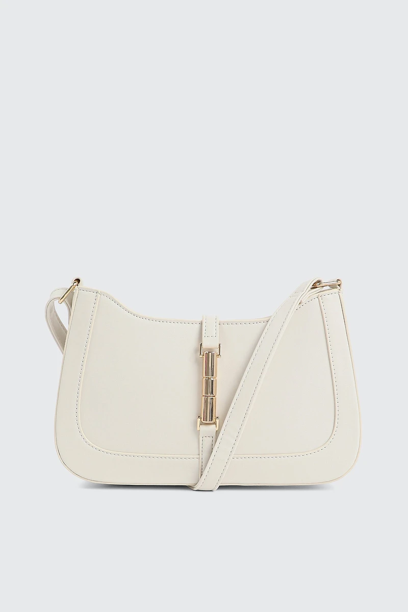 Ardene Baguette Bag with Gold Toned Lock Clasp in White | Faux Leather/Polyester
