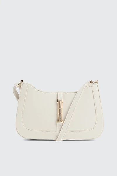 Ardene Baguette Bag with Gold Toned Lock Clasp in White | Faux Leather/Polyester