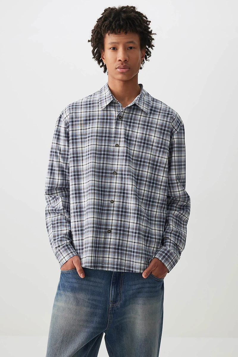 Ardene Man Plaid Long Sleeve Shirt For Men in Medium Blue | Size | 100% Cotton