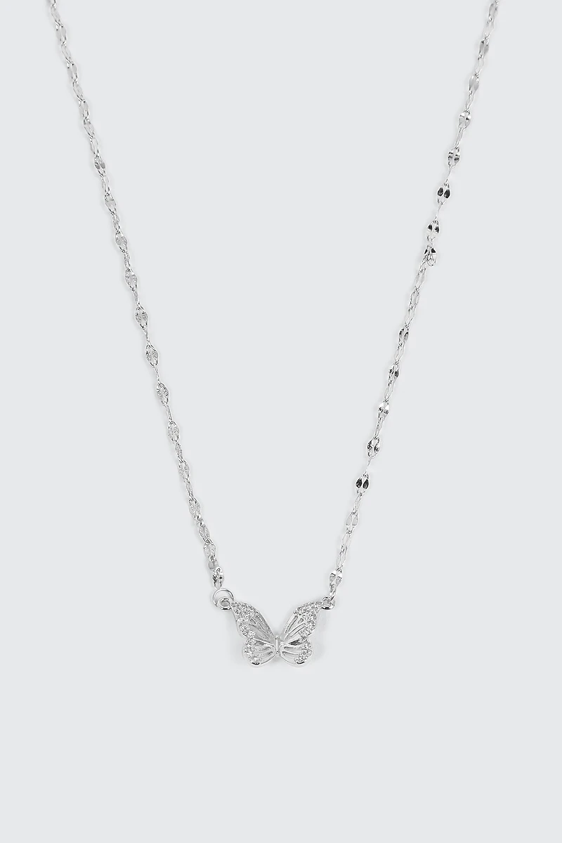 Collier papillon plaqué or blanc 14K