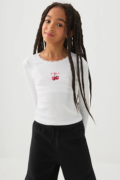 Ardene Kids Lace Trim Long Sleeve T-Shirt in White | Size | Spandex/Cotton