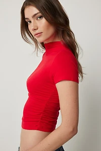 Ardene Ruched Side High Neck T-Shirt in Red | Size | Elastane/Viscose