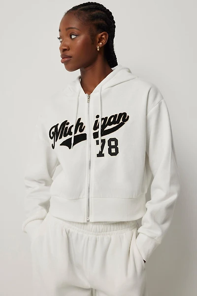 Ardene Destination Crop Zip-Up Hoodie in White | Size | Polyester/Cotton | Fleece-Lined