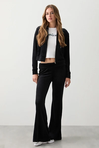 Ardene Velvet Flare Leg PJ Pants in Black | Size | Polyester/Elastane | Eco-Conscious