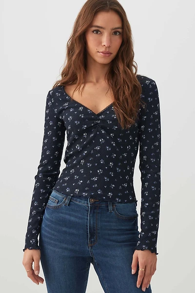 T-shirt à col V et manches longues fleuri