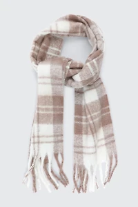 Ardene Rectangular Plaid Scarf with Fringes in Brown | Polyester