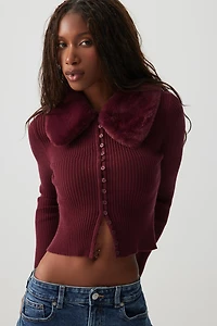 Ardene Short Cardigan with Removable Faux Fur Collar in Burgundy | Size | Polyester/Nylon/Viscose