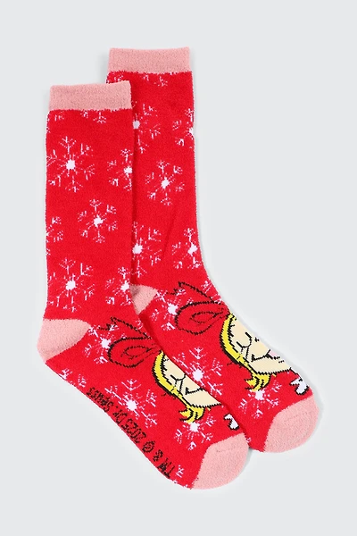 Ardene Cindy Lou Fuzzy Crew Socks in Red | Polyester/Elastane