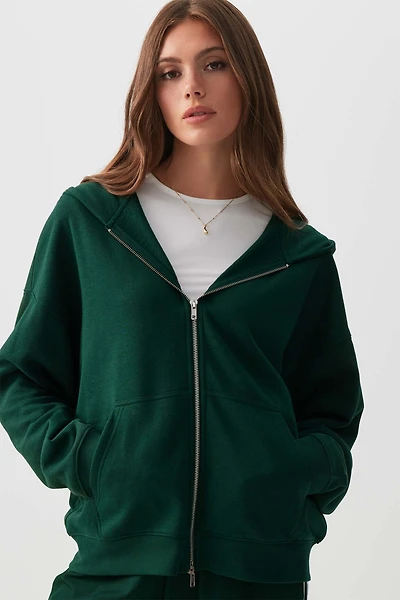 Ardene Oversized Zip Up Graphic Hoodie in Dark Green | Size | Polyester/Cotton | Fleece-Lined