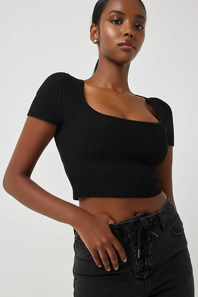 Ardene Shape Knit Ultra Crop Square Neck T-Shirt in Black | Size Large | Nylon/Elastane