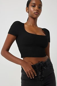 Ardene Shape Knit Ultra Crop Square Neck T-Shirt in Black | Size Large | Nylon/Elastane