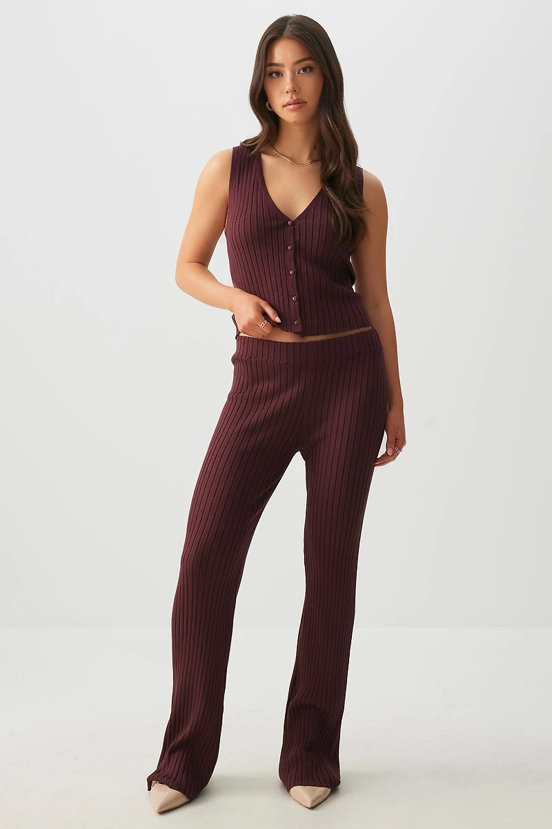 Ardene Rib Knit Flare Pants in Burgundy | Size Small | Nylon/Viscose
