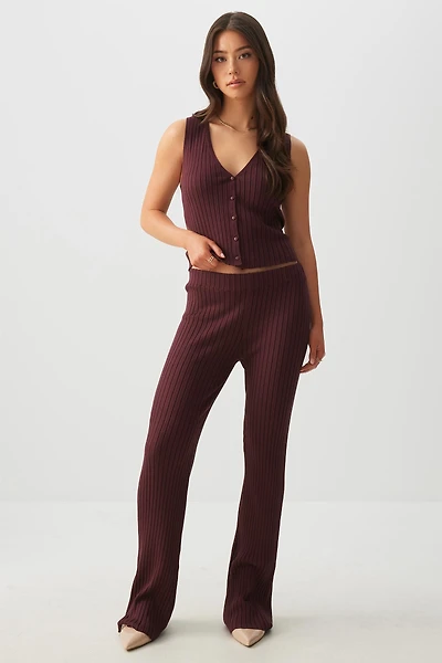 Ardene Rib Knit Flare Pants in Burgundy | Size Small | Nylon/Viscose
