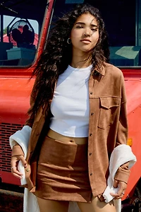 Ardene Oversized Faux Suede Shirt in Cognac | Size | Polyester/Elastane/Faux Suede