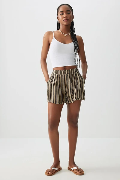 Ardene High Rise Crinkled Shorts in Brown | Size | Rayon