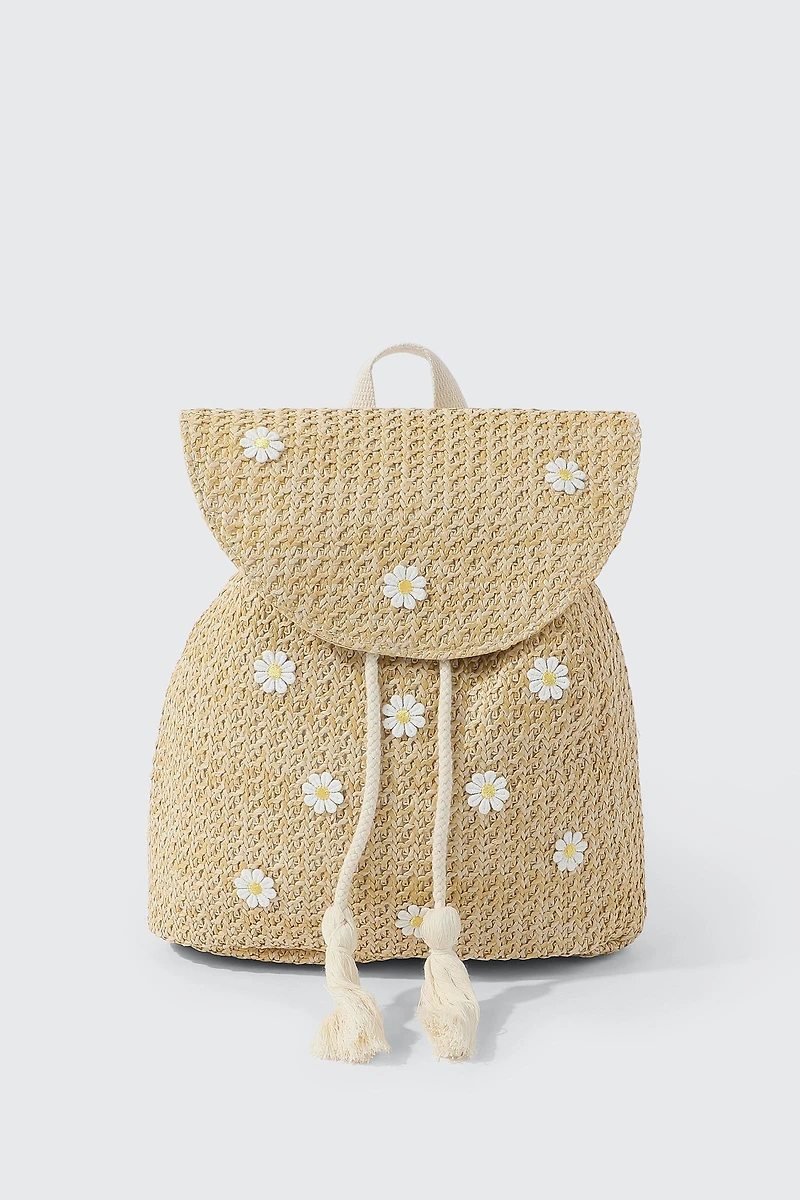 Ardene Kids Straw Flap Backpack in Beige | Polyester
