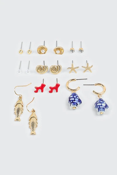 Ardene 9-Pack Ocean Themed Earrings in Gold | Stainless Steel