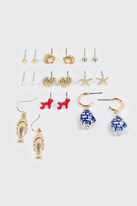 Ardene 9-Pack Ocean Themed Earrings in Gold | Stainless Steel