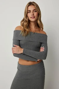 Ardene Crop Off Shoulder Sweater in Dark Grey | Size Medium | Polyester/Nylon
