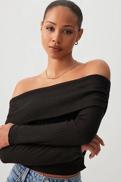 Ardene Off Shoulder Long Sleeve Top in Black | Size | Polyester/Elastane/Polyamide
