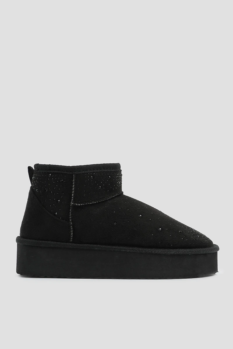 Ardene Platform Faux Sheepskin Boots with Rhinestones in Black | Size | Faux Suede | Eco-Conscious | Microfiber