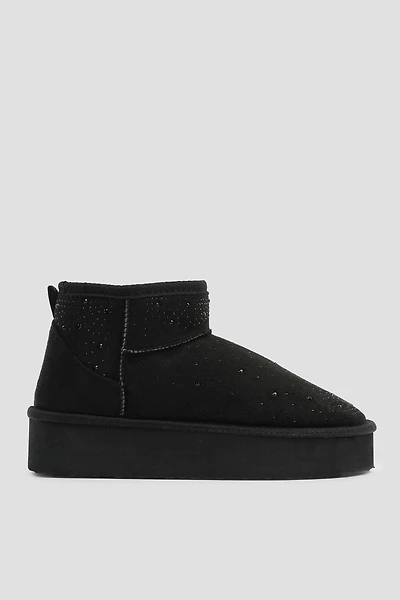 Ardene Platform Faux Sheepskin Boots with Rhinestones in Black | Size | Faux Suede | Eco-Conscious | Microfiber