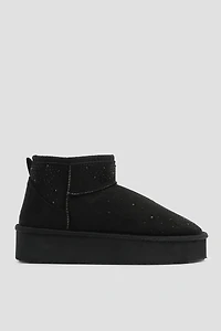 Ardene Platform Faux Sheepskin Boots with Rhinestones in Black | Size | Faux Suede | Eco-Conscious | Microfiber