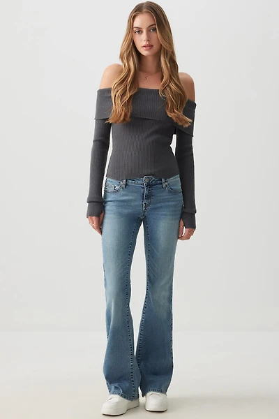 Ardene Low Rise Flare Jeans in Medium Blue | Size | Polyester/Rayon/Spandex