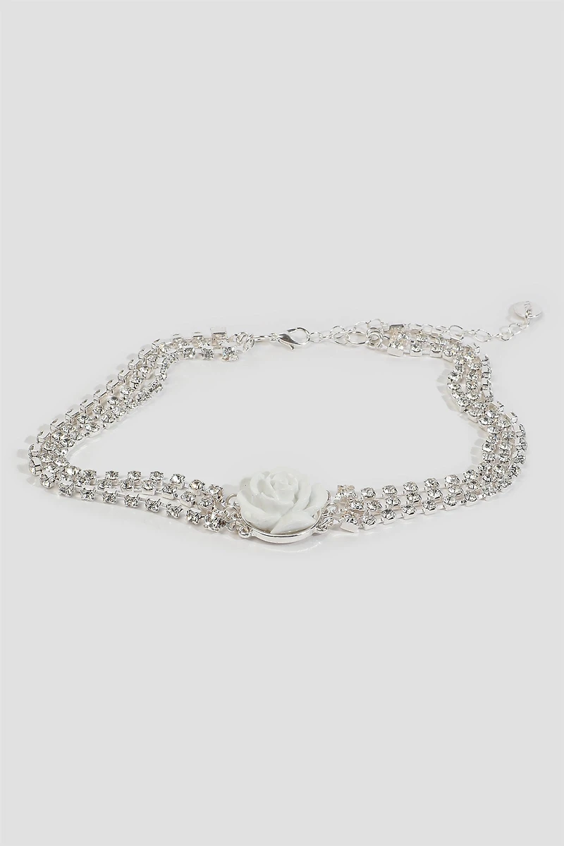 Ardene Three-Row Choker with Flower in Silver